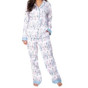 munki munki fleece Pajama Set Ski White Blue Women's Size Medium bamboo rayon